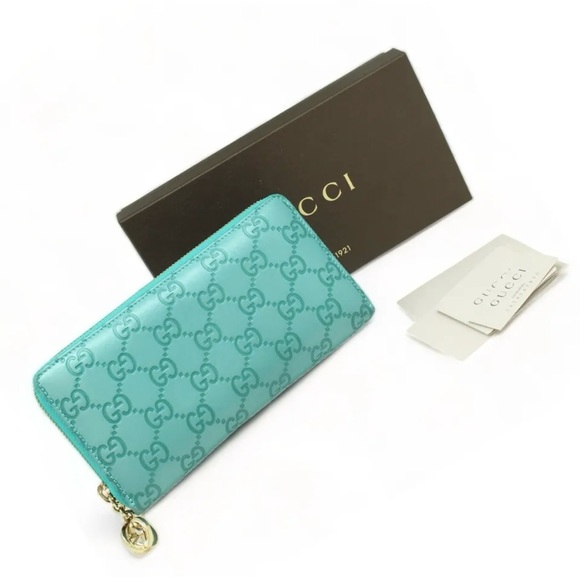 Gucci Guccissima Zip Around Long Wallet and Box Turquoise Blue Leather Authentic - Picture 2 of 8